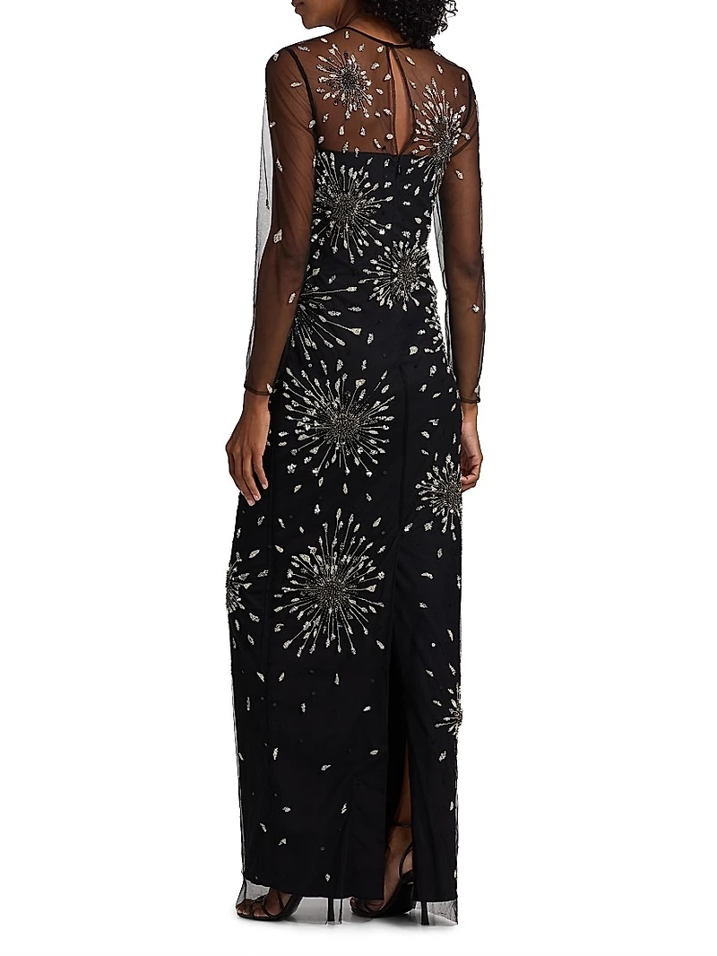 Tonya Embeliished Mesh-Sleeve Gown