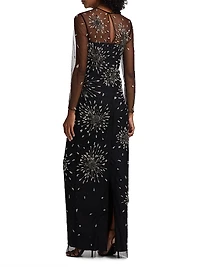 Tonya Embeliished Mesh-Sleeve Gown