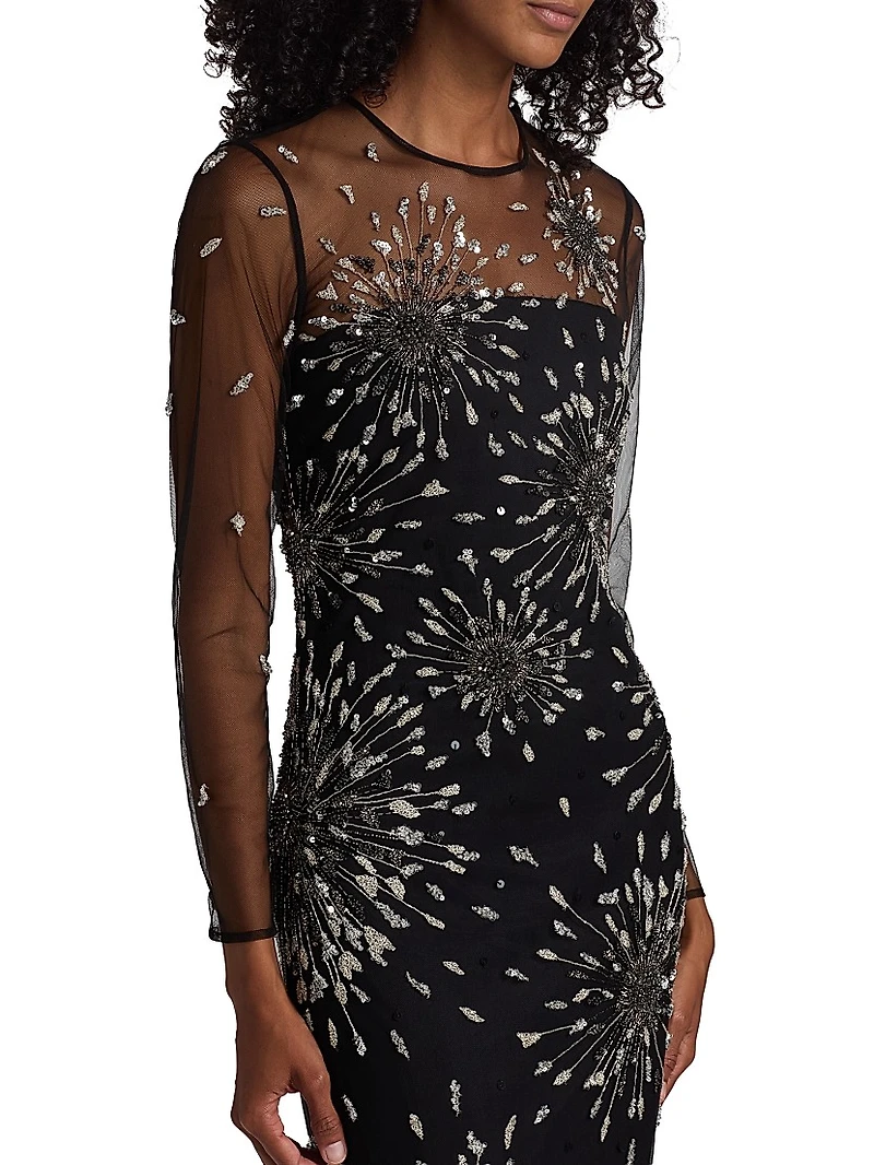 Tonya Embeliished Mesh-Sleeve Gown