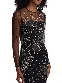 Tonya Embeliished Mesh-Sleeve Gown