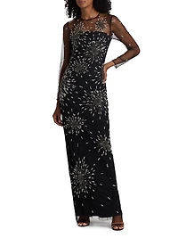 Tonya Embeliished Mesh-Sleeve Gown