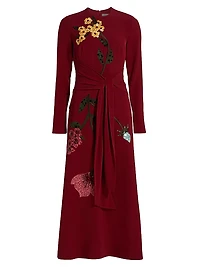 Sequin-Embellished Floral Tie-Waist Midi-Dress