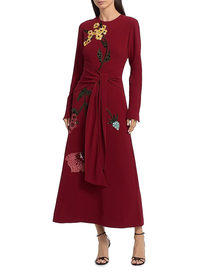 Sequin-Embellished Floral Tie-Waist Midi-Dress