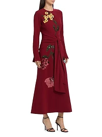 Sequin-Embellished Floral Tie-Waist Midi-Dress