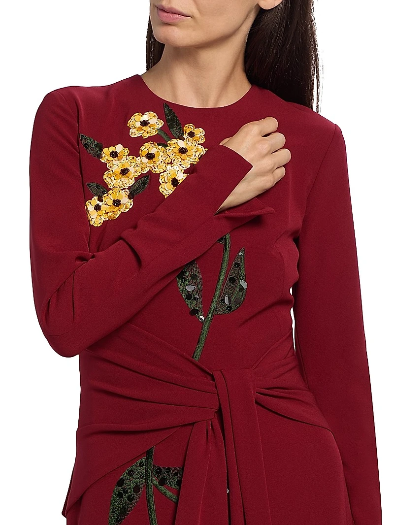 Sequin-Embellished Floral Tie-Waist Midi-Dress