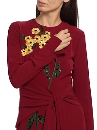 Sequin-Embellished Floral Tie-Waist Midi-Dress
