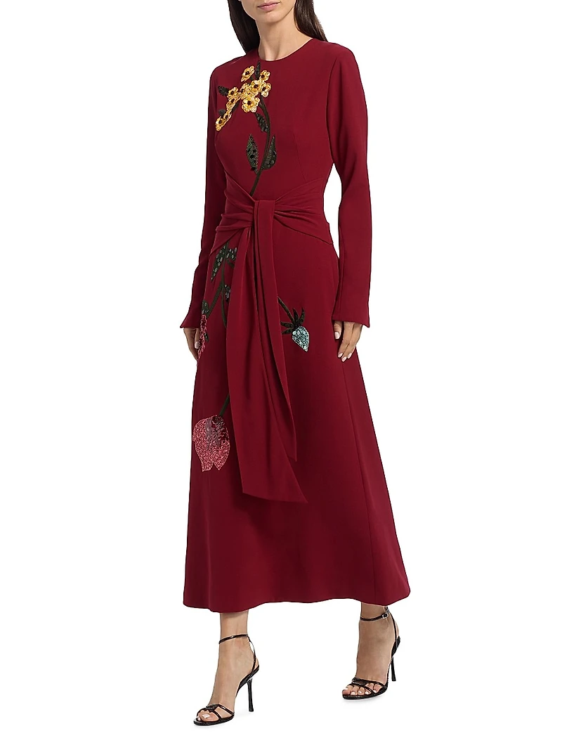 Sequin-Embellished Floral Tie-Waist Midi-Dress