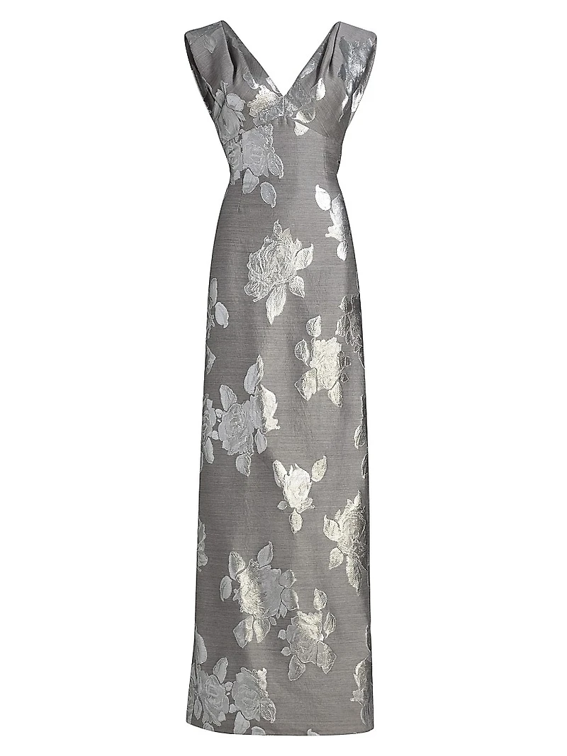 Metallic Floral V-Neck Gown