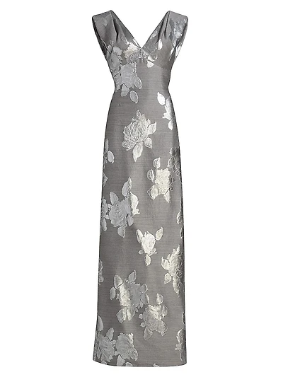 Metallic Floral V-Neck Gown