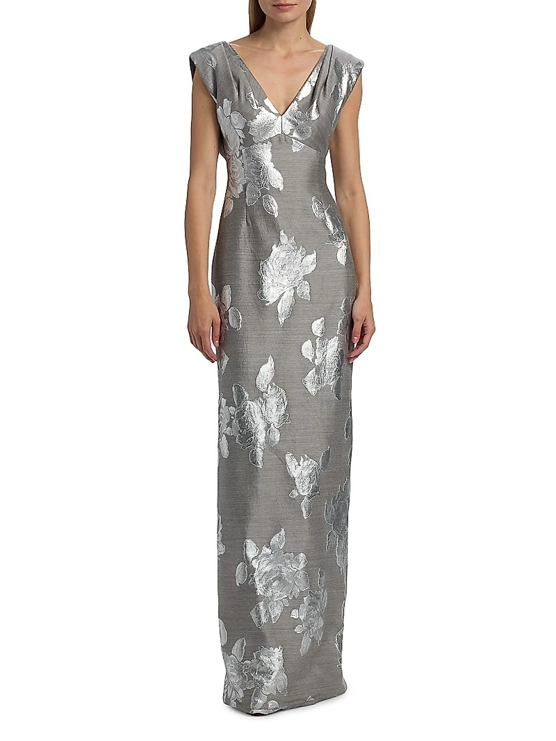 Metallic Floral V-Neck Gown