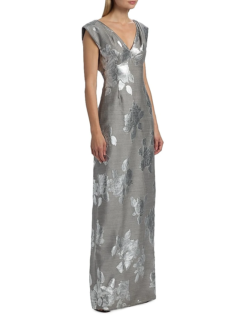 Metallic Floral V-Neck Gown