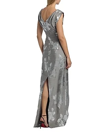 Metallic Floral V-Neck Gown