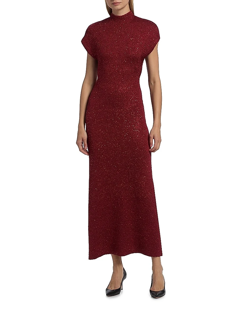 Sequined Knit Mock Turtleneck Body-Con Dress