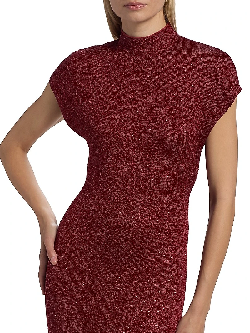 Sequined Knit Mock Turtleneck Body-Con Dress