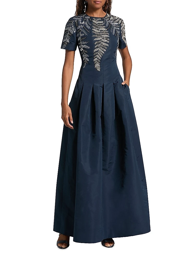 Embroidered Faille Pleated Gown