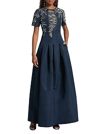 Embroidered Faille Pleated Gown