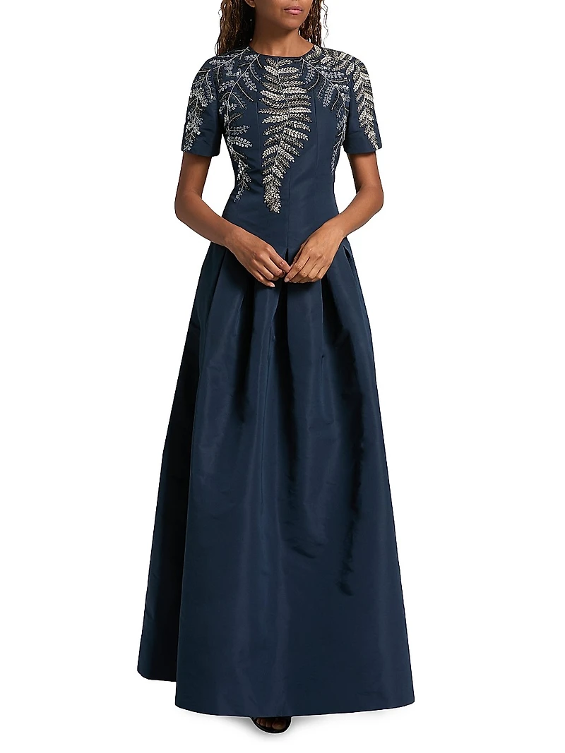 Embroidered Faille Pleated Gown