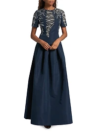 Embroidered Faille Pleated Gown
