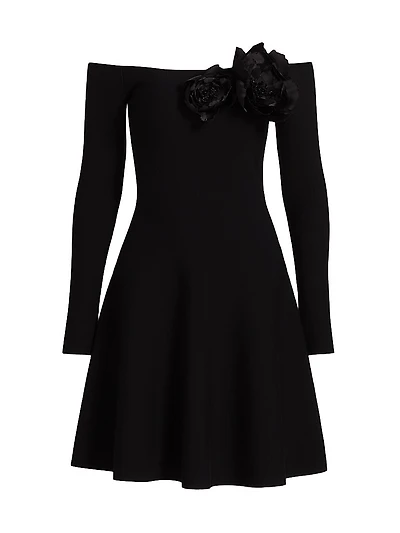 Floral-Appliquéd Off-the-Shoulder Minidress