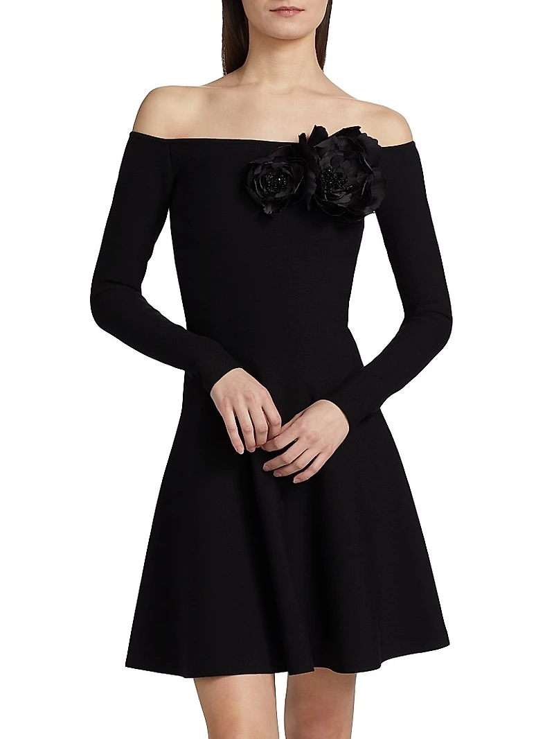 Floral-Appliquéd Off-the-Shoulder Minidress