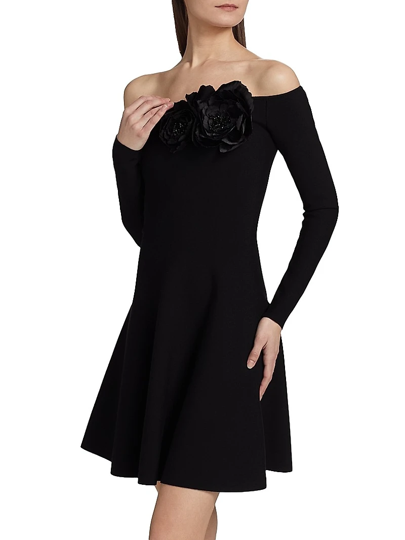 Floral-Appliquéd Off-the-Shoulder Minidress