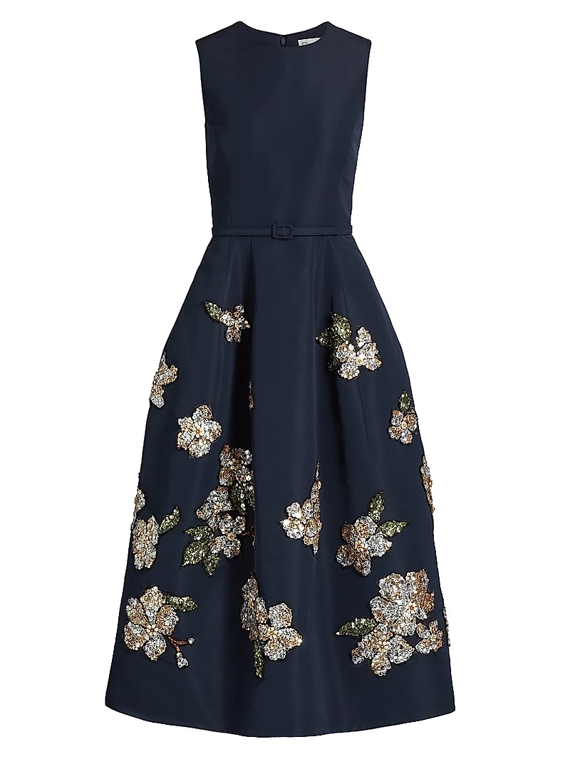 Sequin-Embellished Floral Belted Cocktail Dress