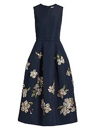 Sequin-Embellished Floral Belted Cocktail Dress