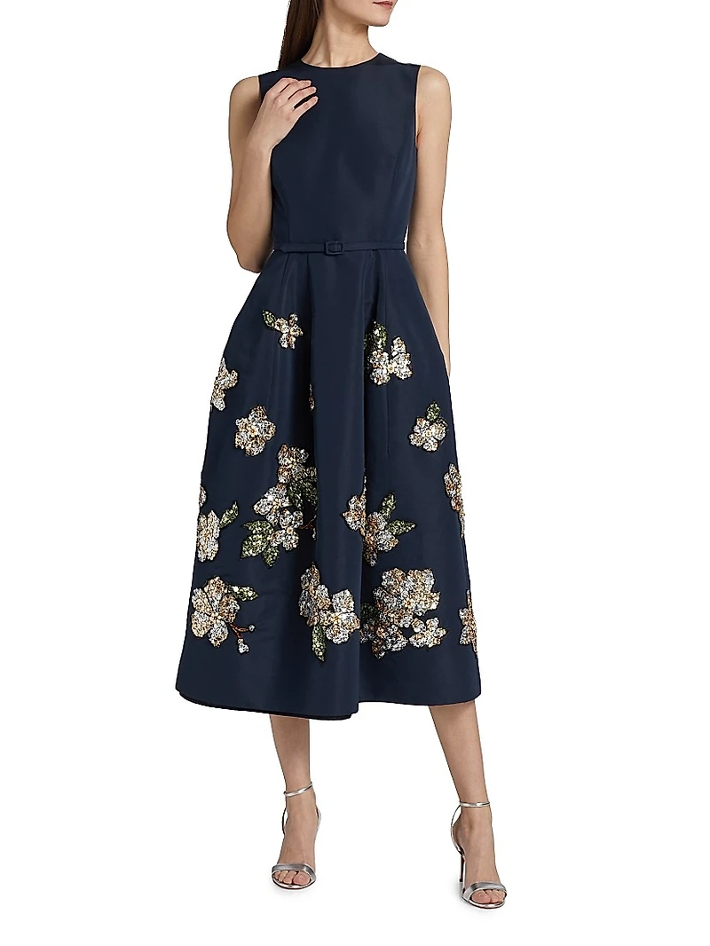 Sequin-Embellished Floral Belted Cocktail Dress