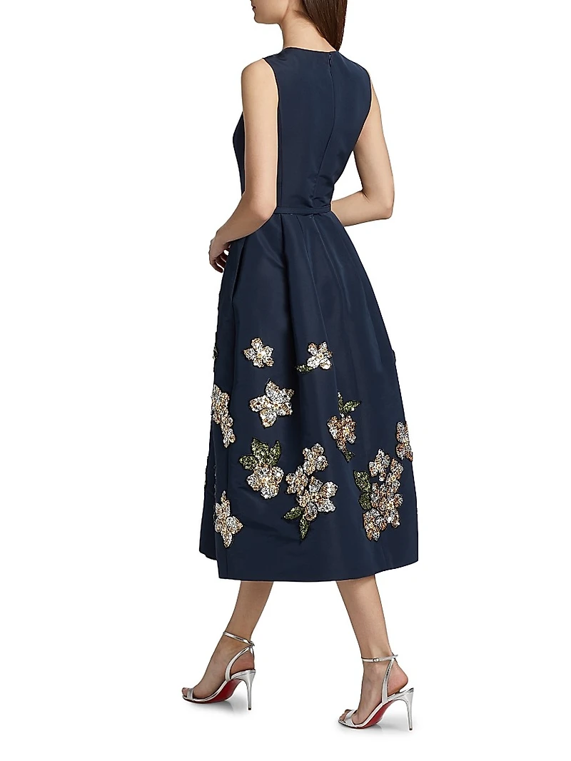 Sequin-Embellished Floral Belted Cocktail Dress