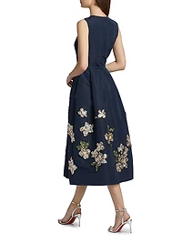 Sequin-Embellished Floral Belted Cocktail Dress