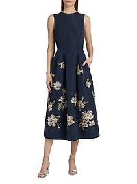 Sequin-Embellished Floral Belted Cocktail Dress