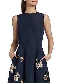 Sequin-Embellished Floral Belted Cocktail Dress