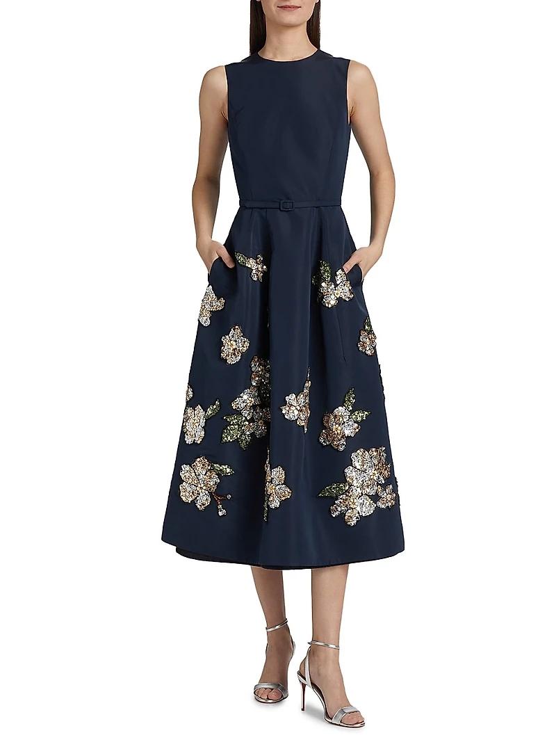 Sequin-Embellished Floral Belted Cocktail Dress