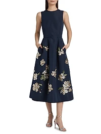 Sequin-Embellished Floral Belted Cocktail Dress