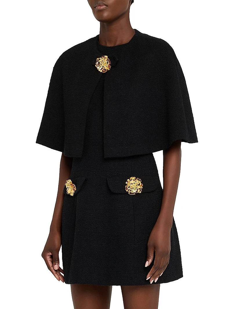 Tweed Elbow-Sleeve Cape Jacket