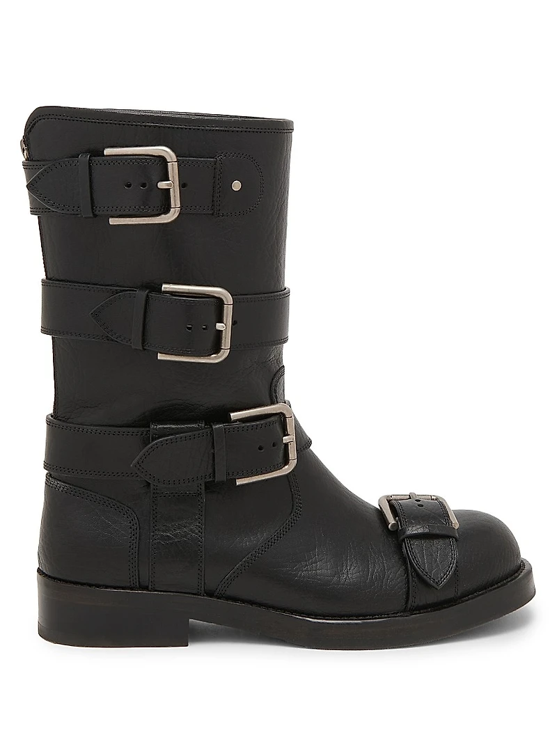 Buckle-Detail Leather Moto Boots
