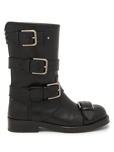 Buckle-Detail Leather Moto Boots