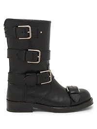 Buckle-Detail Leather Moto Boots