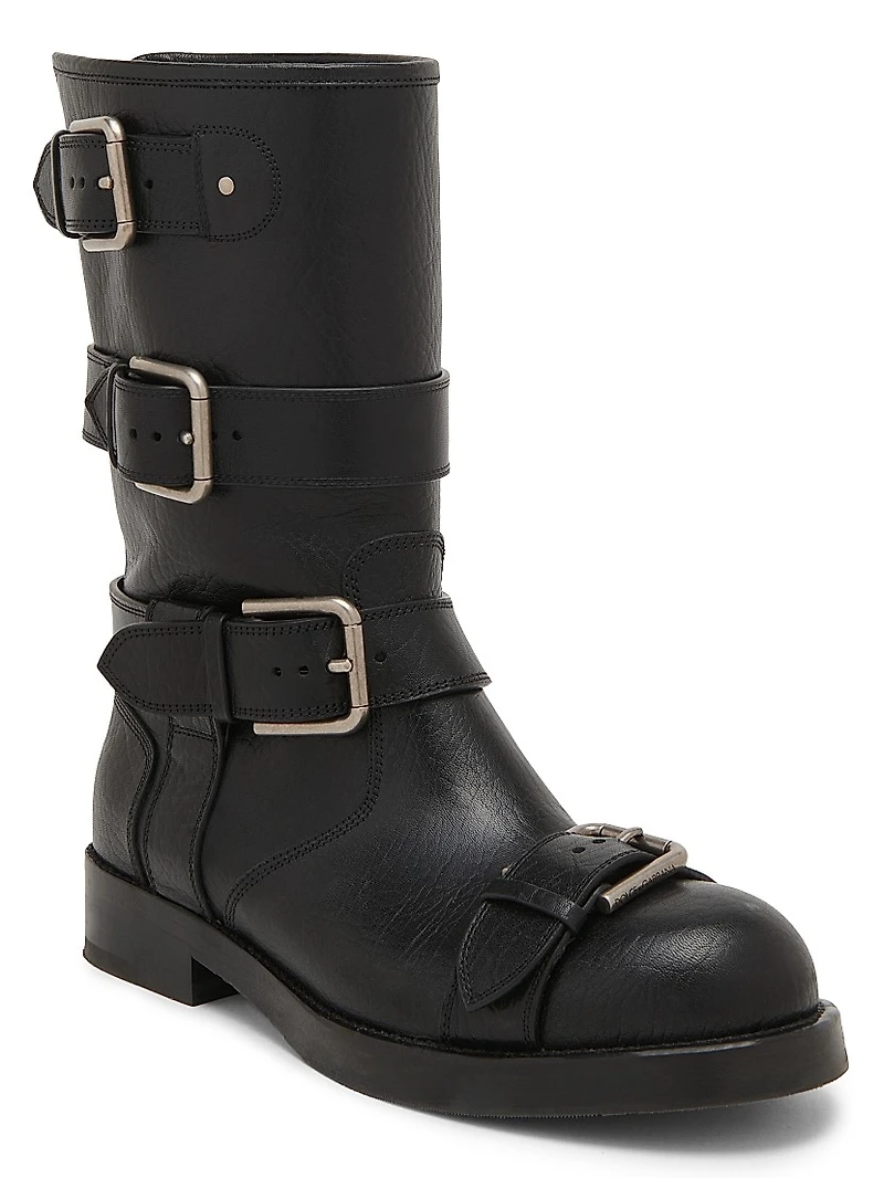 Buckle-Detail Leather Moto Boots