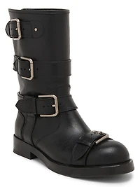 Buckle-Detail Leather Moto Boots