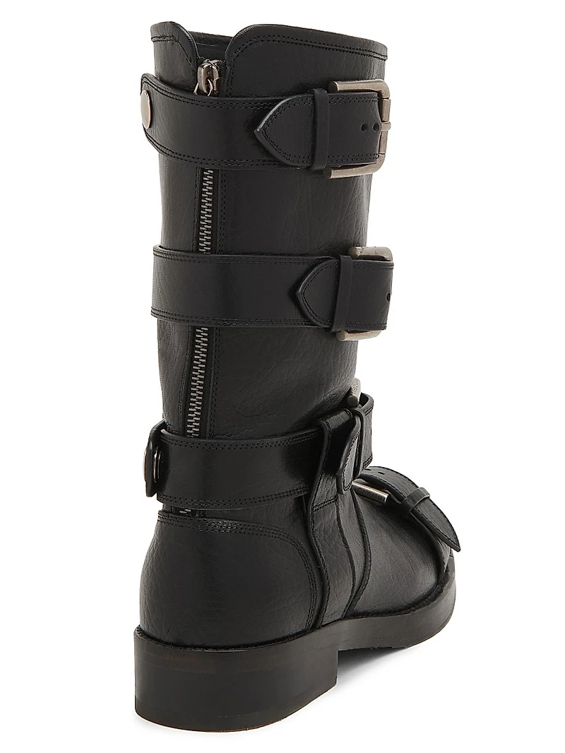 Buckle-Detail Leather Moto Boots