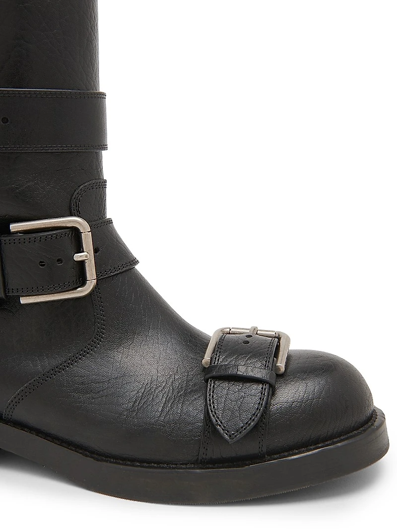 Buckle-Detail Leather Moto Boots