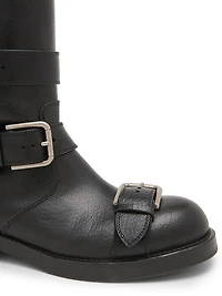 Buckle-Detail Leather Moto Boots