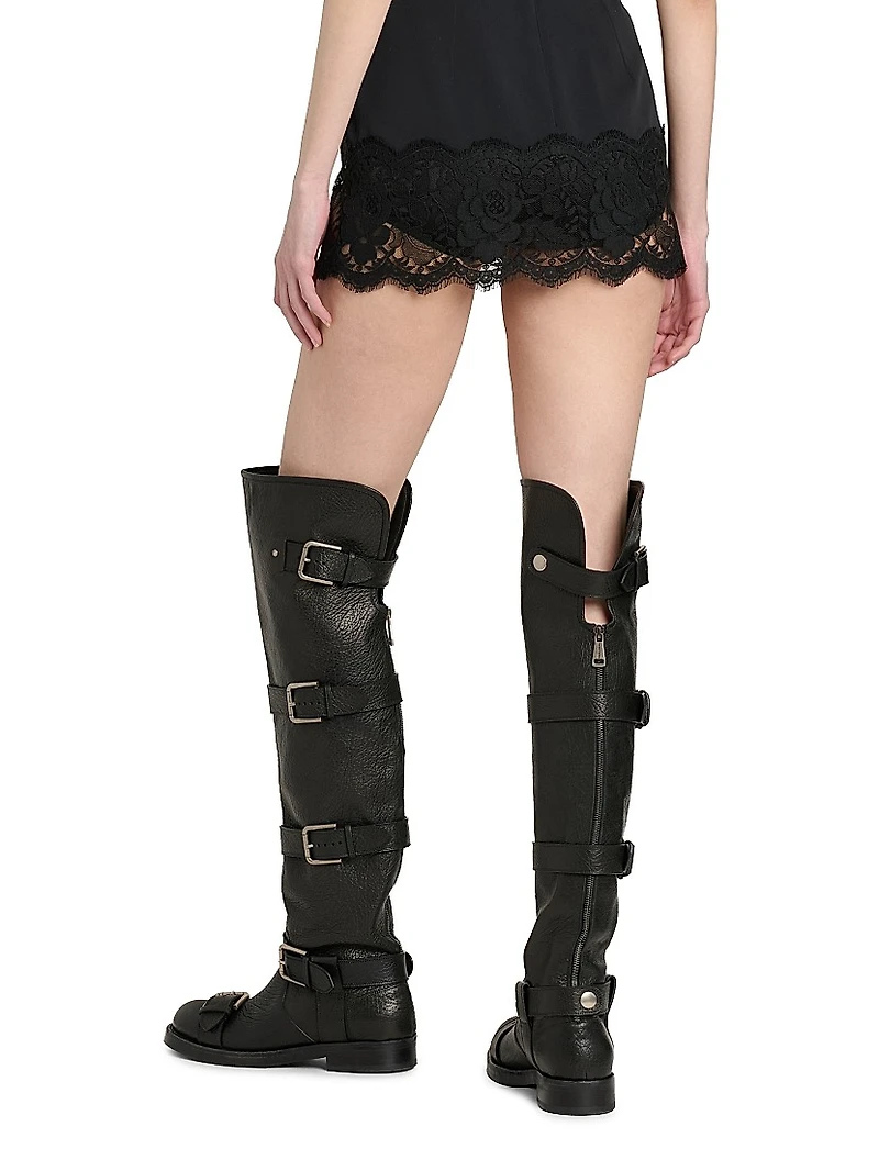 Buckle-Detail Leather Over-The-Knee Moto Boots