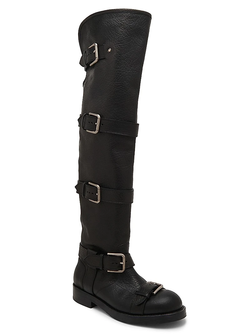 Buckle-Detail Leather Over-The-Knee Moto Boots