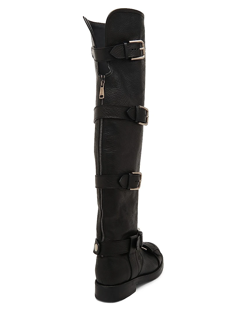 Buckle-Detail Leather Over-The-Knee Moto Boots