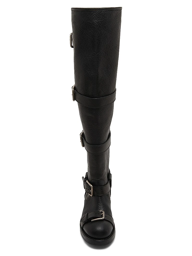 Buckle-Detail Leather Over-The-Knee Moto Boots