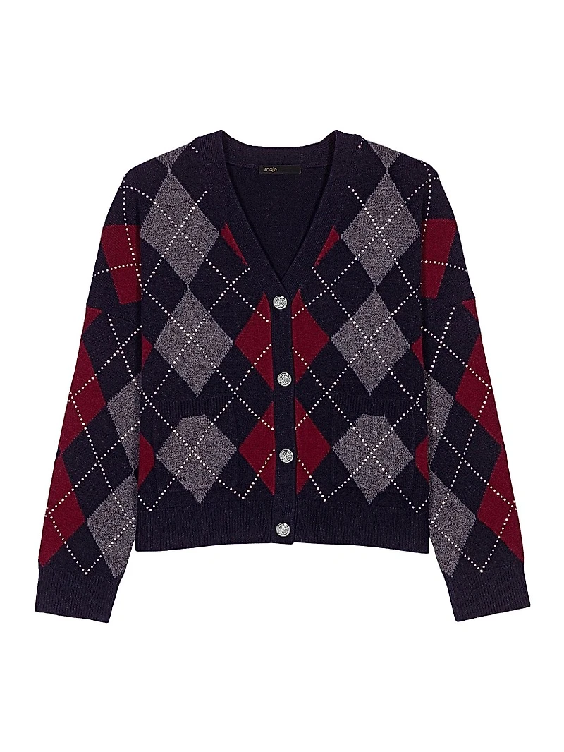 Cropped Argyle Pattern Cardigan