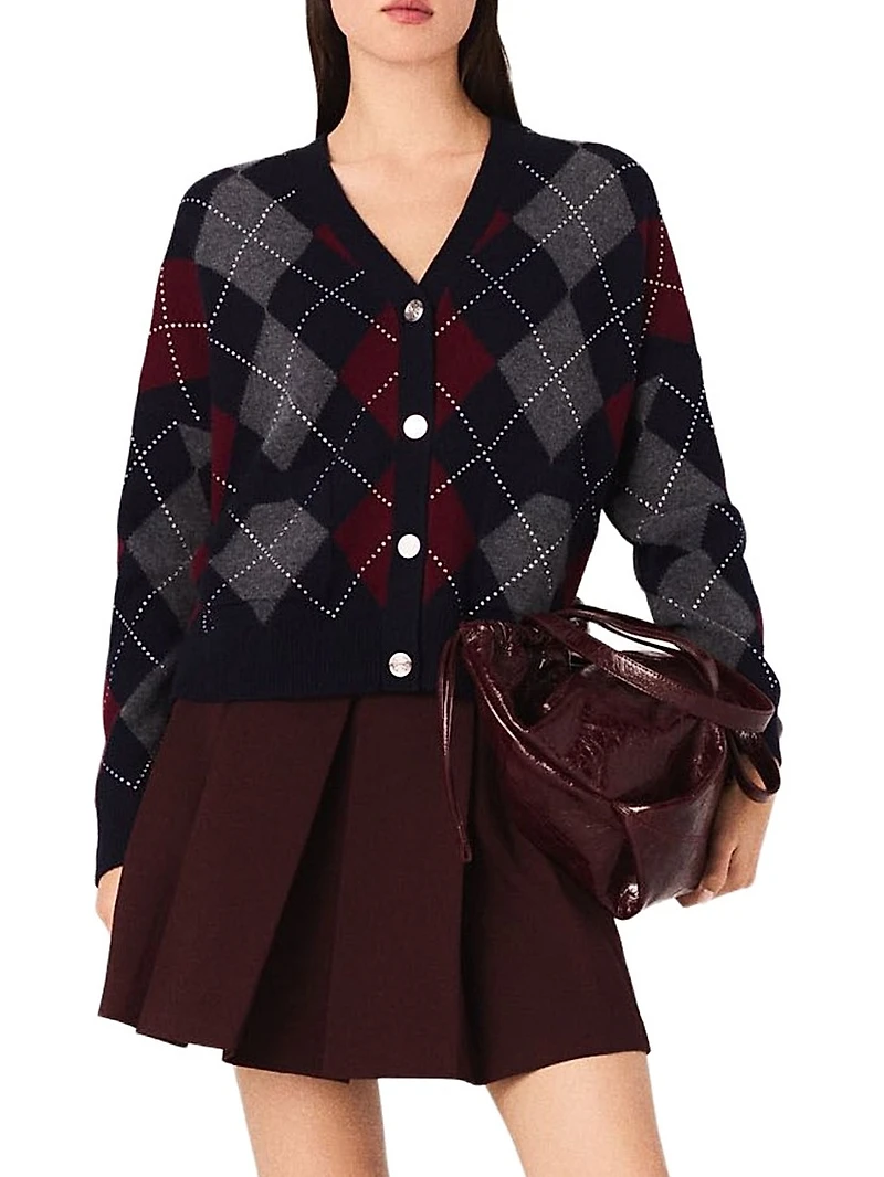 Cropped Argyle Pattern Cardigan