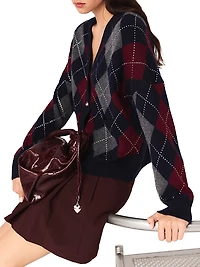 Cropped Argyle Pattern Cardigan